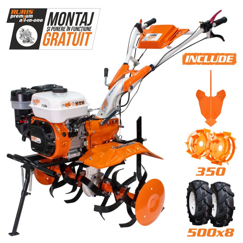 Motosapatoare RURIS 731K + roti cauciuc 5.00-8+rarita ajustabila+roti metalice 350 fara manicot 8.5 CP Motosapatoare RURIS 731K + roti cauciuc 5.00-8+rarita ajustabila+roti metalice 350 fara manicot 8.5 CP