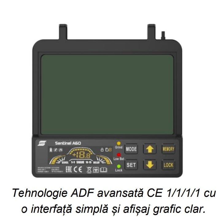 Masca ESAB SENTINEL™A60 Masca de sudura automata Camp vizual: 118 x 71 mm Opacitate: 3/5-13 ADF Memorie pentru până la 9 setări