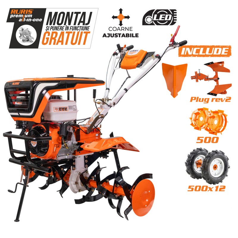 Motosapatoare RURIS 915ACC + roti cauciuc 5.00-12+rarita+plug reversibil rev2+roti metalice 500 15 CP