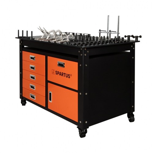 Masa de sudura 1200x750x820mm pe roti, sistem D16, cu sertare, dulap si set de scule cu 62 de piese